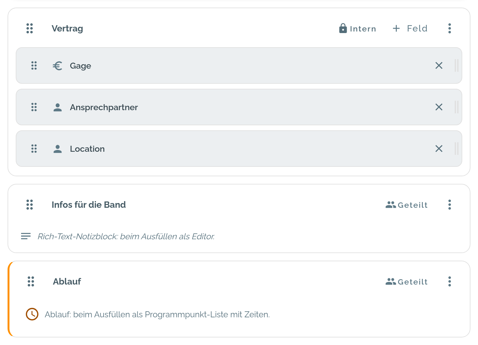 Ein Gig unter „Felder verwalten“: die Abschnitte Vertrag, Infos für die Band und Ablauf, jeder mit seiner Sichtbarkeit Intern oder Geteilt