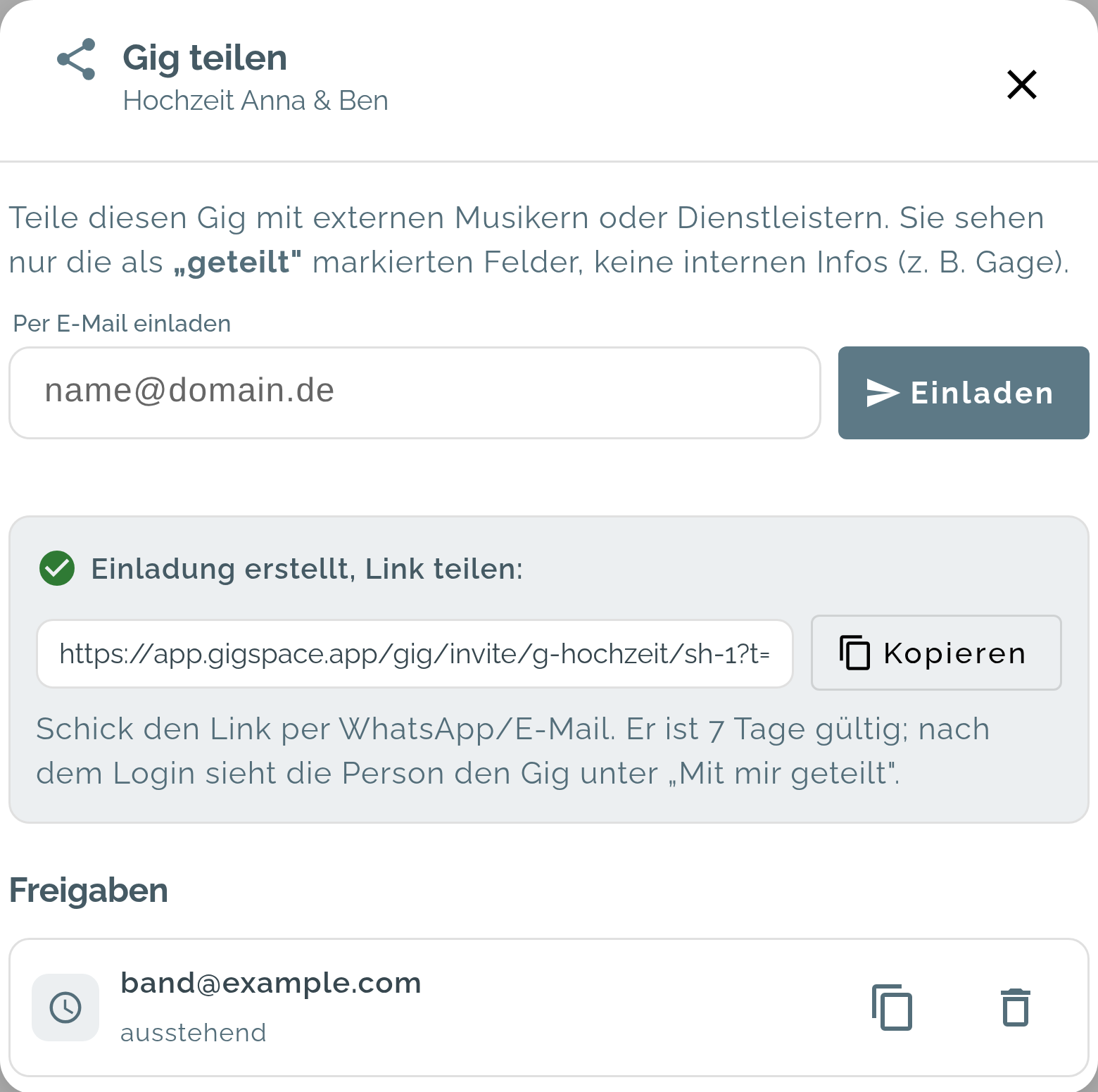 Dialog „Gig teilen“ nach einer Einladung: der Link mit Kopieren-Schaltfläche und der Hinweis auf die Gültigkeit