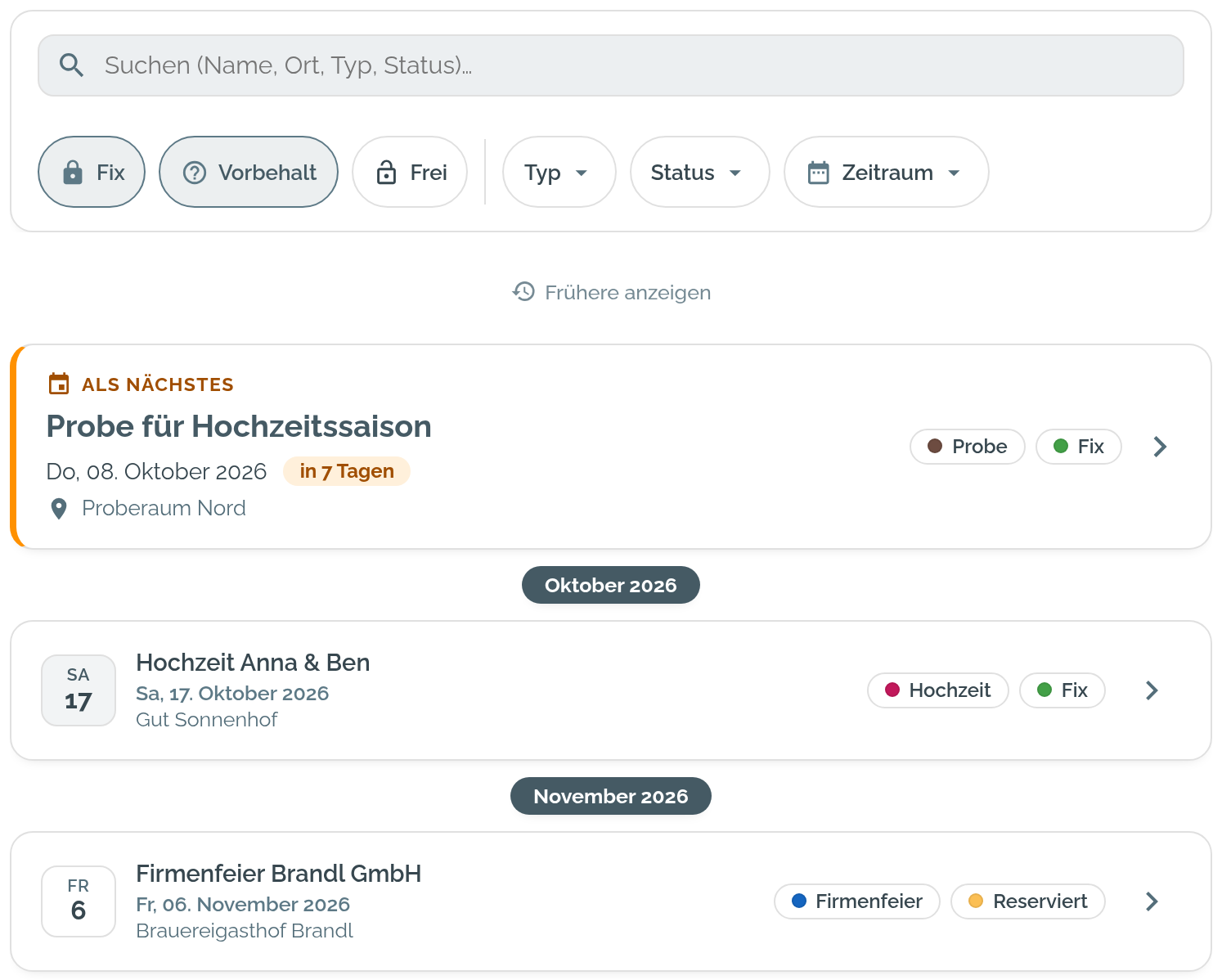 Gig-Übersicht mit Suchfeld, den Filtern darunter und mehreren Gigs in der Liste
