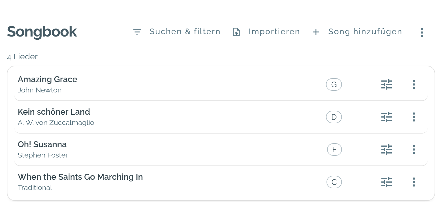 Die Liedliste im Songbook: vier Songs mit Titel, Interpret und Tonart, oben die Knöpfe Suchen und filtern, Importieren und Song hinzufügen.
