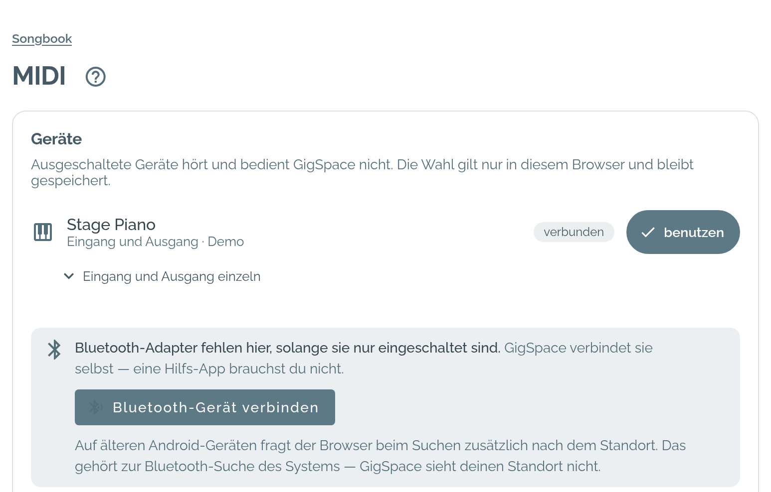 Der Bereich Geräte auf der Seite MIDI: ein verbundenes Gerät Stage Piano mit dem eingeschalteten Knopf benutzen, darunter der Knopf Bluetooth-Gerät verbinden.