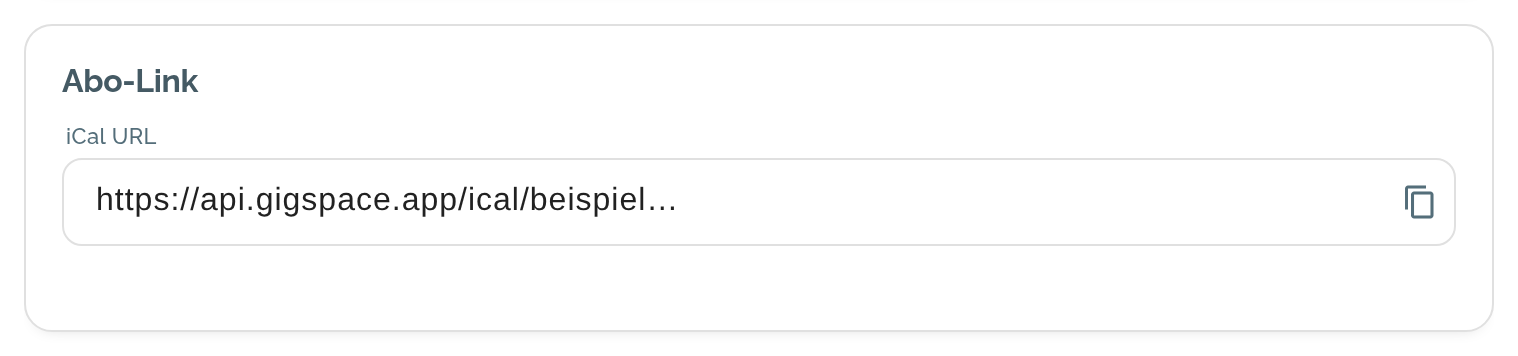 Karte „Abo-Link“ mit der iCal-Adresse des Abos und dem Kopieren-Knopf
