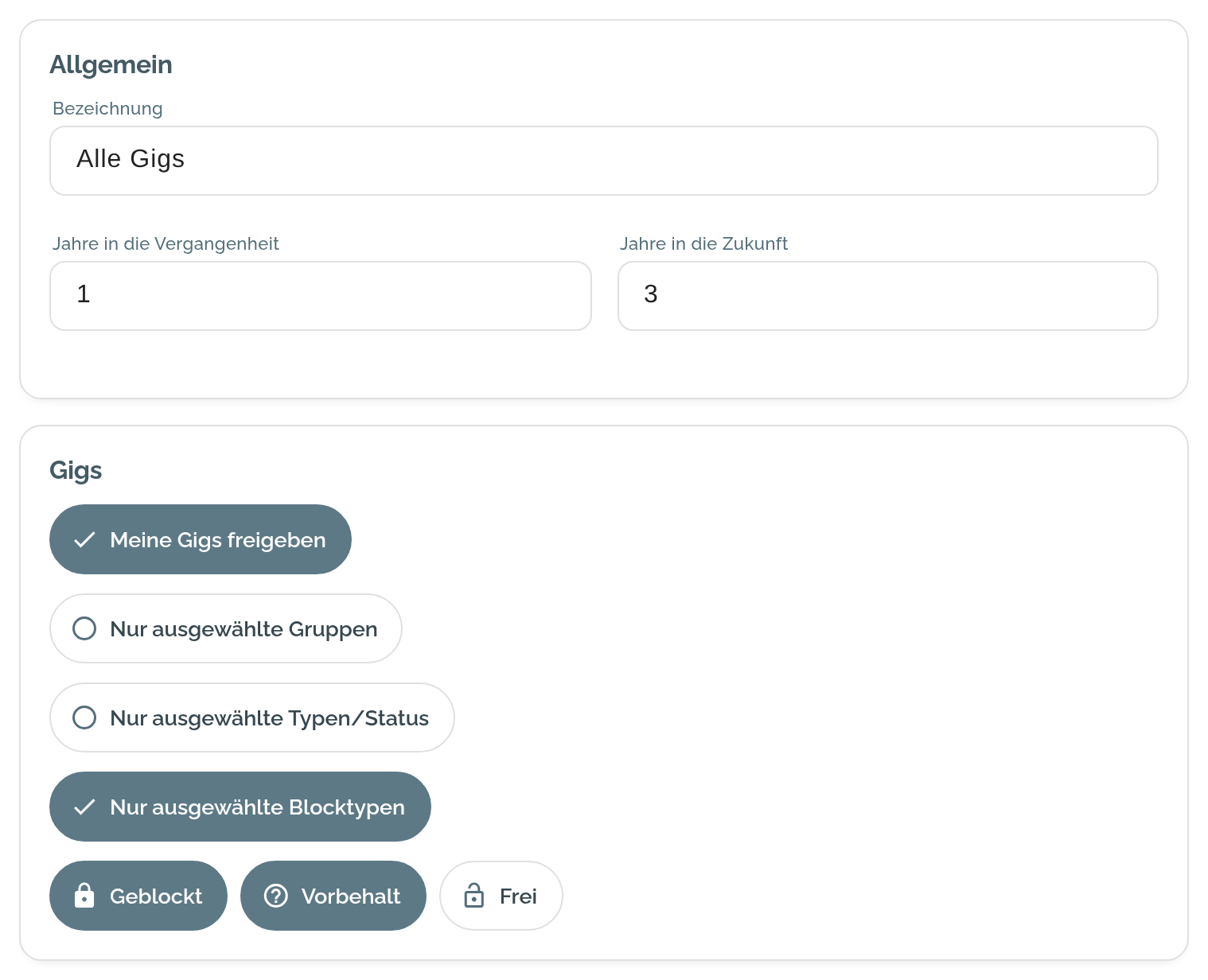 Neues Kalender-Abo: Bezeichnung und Zeitraum unter Allgemein, darunter die Auswahl der Gigs nach Gruppen, Typen, Status und Blocktyp